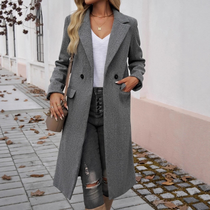 European and American Cross-Border Amazon Autumn and Winter Long Coat, Simple Blended Wool Material, Notched Collar, Single-Breasted Long-Sleeve Coat