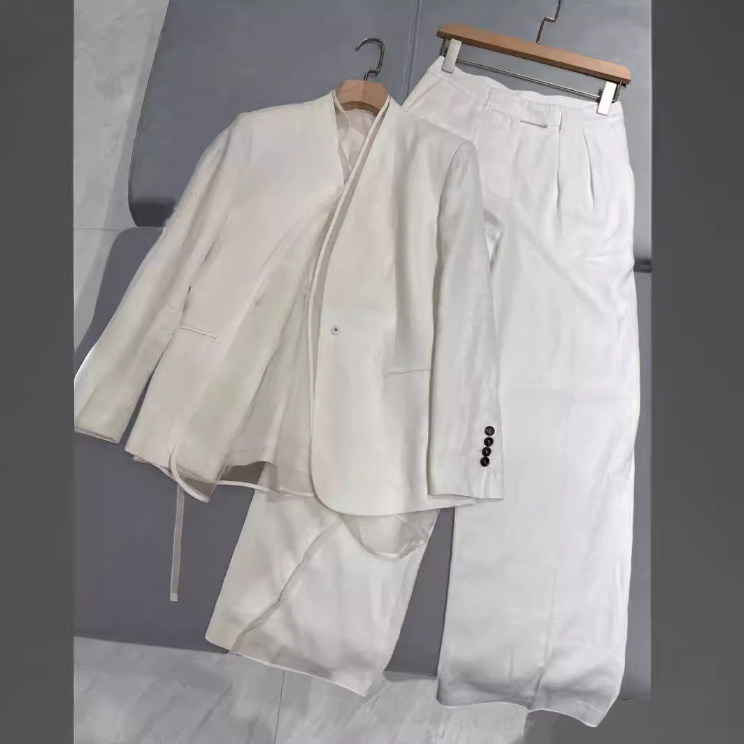 Pure and Elegant Linen Solid Color Suit Wide-Leg Pants Set, 2024 New Style, Faux Two-Piece Suit - Absolutely Stunning
