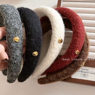 Woolen oval gold buckle high skull headband for women 2025 autumn and winter new style going out furry headband hair accessories daily hairpins