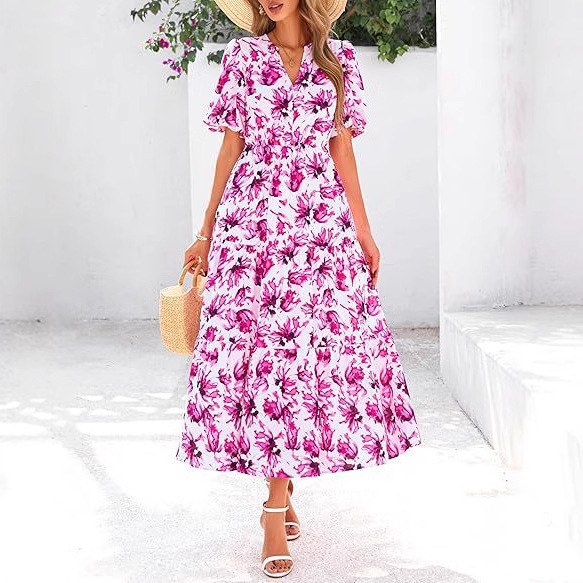 2025 Casual Bubble Short Sleeve V-Neck Floral Bohemian Layered Pleated Extra Long Dress Skirt with Pocket