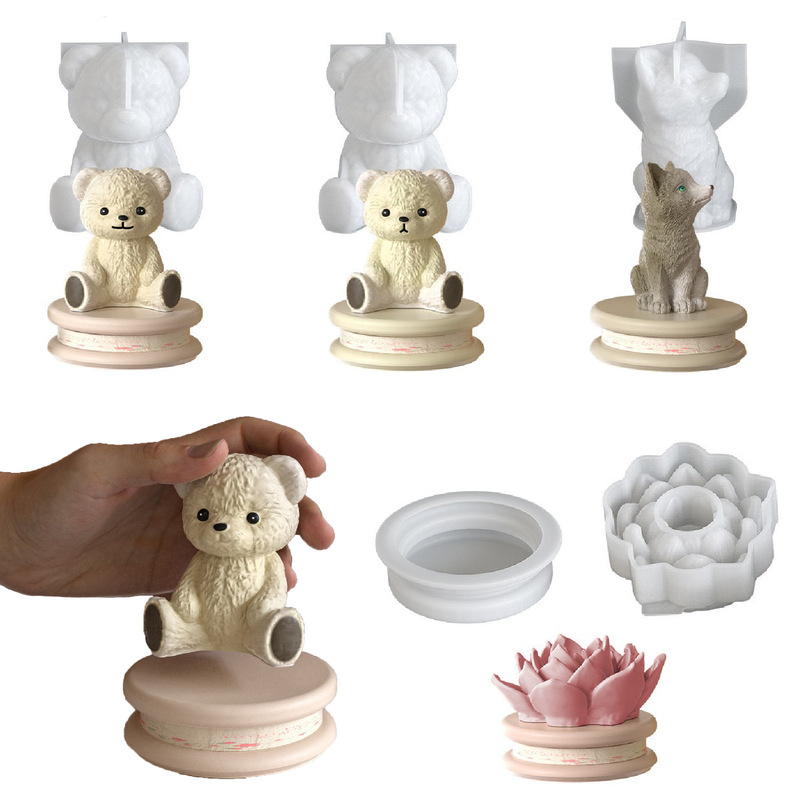Smiling Bear Teddy Sad Bear Candle Silicone Mold Epoxy DIY Fox Wolf Lotus Plaster Resin Ornament