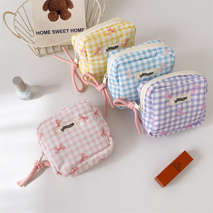 Simple Square Plaid Cosmetic Bag Korean Style Butterfly High-value Red Bag Storage Bag Student Portable Coin Purse Bag