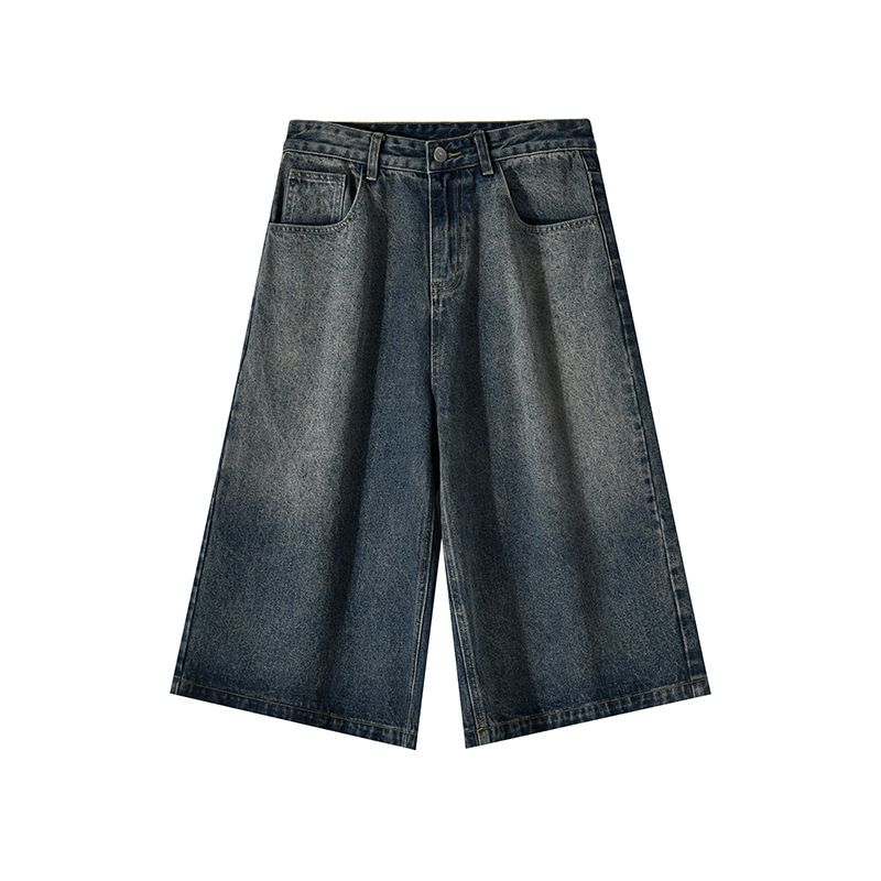 Pantalones cortos vaqueros lavados para hombre, estilo vintage azul glaciar, rectos, de corte recto, informales, de verano, de tiro medio, de algodón sin elasticidad, tallas S-2XL_voghion.com