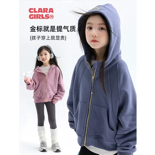 女童lulu同款金标连帽卫衣外套2025秋冬儿童时髦加绒运动显瘦上衣