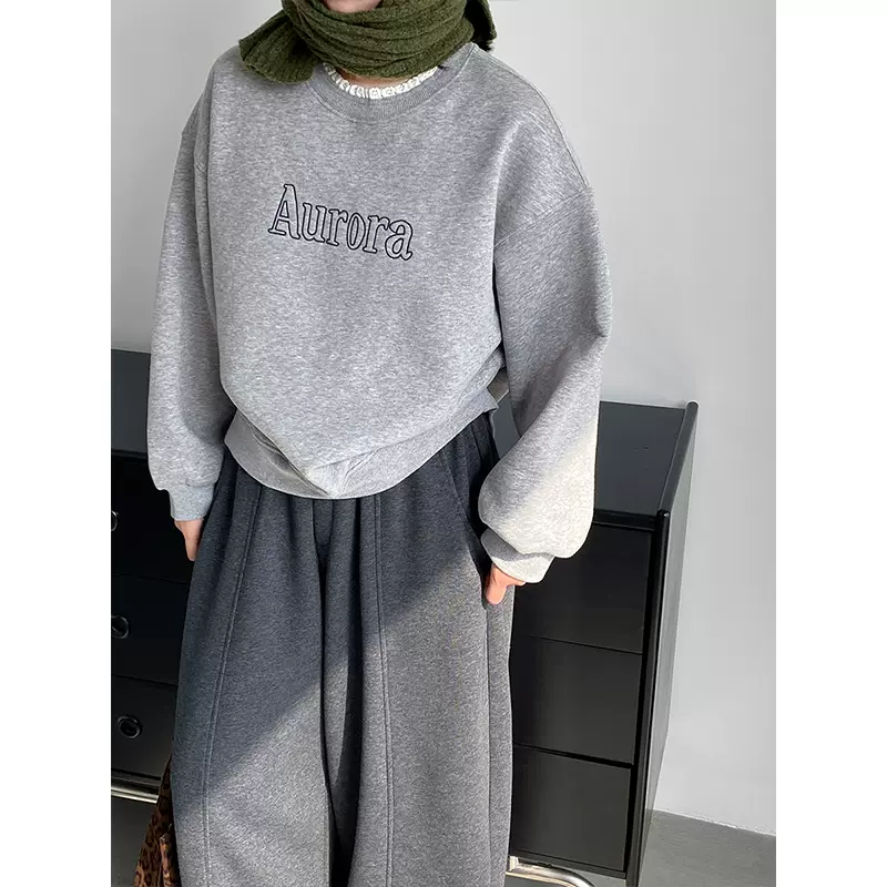 江左 刺绣字母卫衣 慵懒博主加绒加厚蕾丝花边松弛感卫衣女 1732