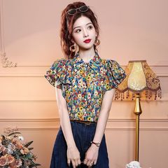 2025设计感小众法式荷叶边无袖坎肩雪纺上衣夏天气质碎花衬衫