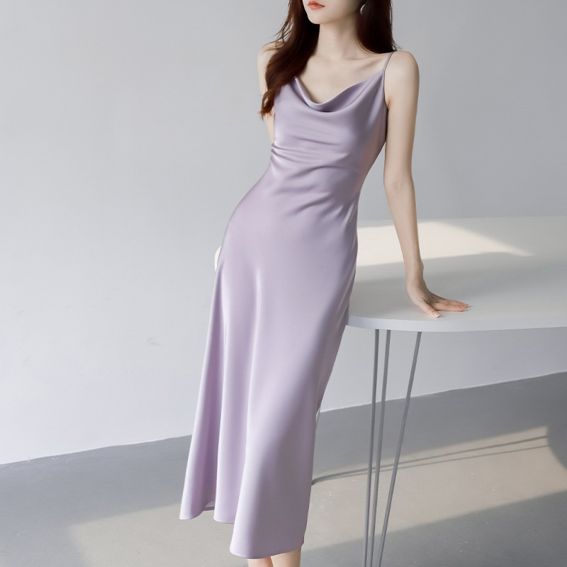 Acetic Acid Textured Satin Swing Collar Sling Dress Women's High-end Summer Elegant Slim-fit Waist Long Dress
