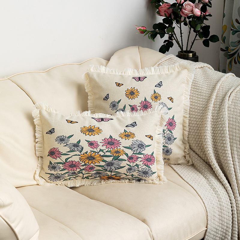 New Arrival Tassel Edge Decorative Plant Flower Cotton Linen Printed Pillowcase Home Decorative Sofa Cushion Cover_voghion.com