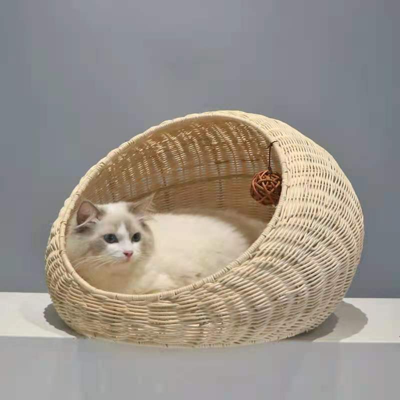 Hecho a mano ratán-como nido de gato cesta colgante jaula de gato al por mayor semi-cerrado cálido mascota Mat perrera gato casa Villa
