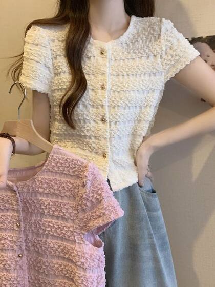 Summer thin slim-fit round neck short top for women Korean style sweet slimming slim fit fresh short sleeve cardigan for women