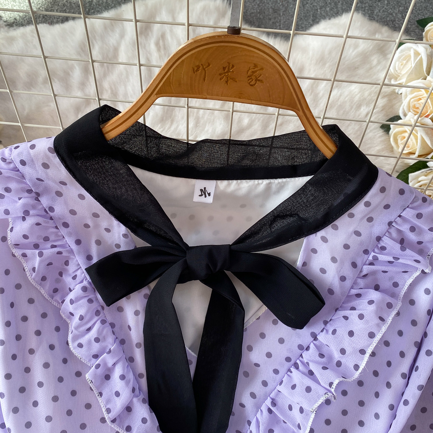 Women's French Sweet Color Block Bow V Neck Long Sleeve Dress Summer Polka Dot Ruffle Hem Elegant Long Skirt_ecoleips.com