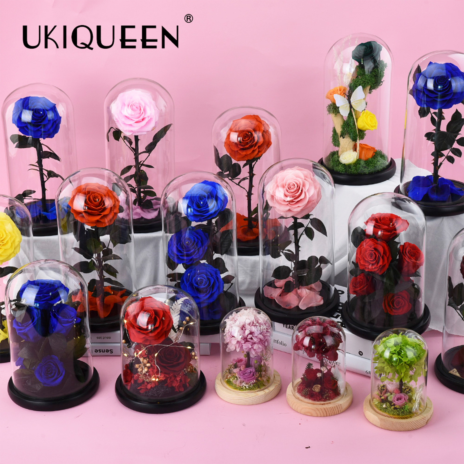 Flor inmortal rosa gran príncipe cubierta de vidrio productos terminados regalos creativos del día de San Valentín Amazon venta caliente adornos de flores inmortales