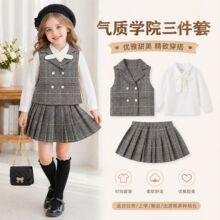 跨境童装女童套装春季新款长袖衬衫千鸟格西装马甲百褶裙三件套