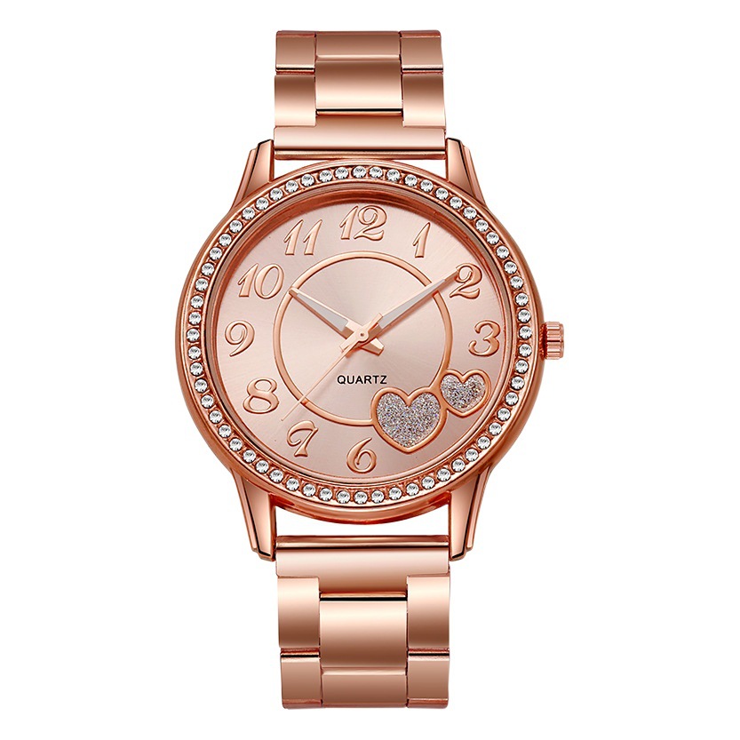 Nueva moda transfronteriza Corazón de melocotón correa de acero reloj de cuarzo estudiante oro rosa amor diamante reloj de mujer al por mayor