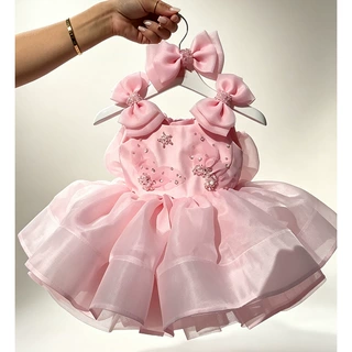 女童礼服甜美可爱蝴蝶结公主裙宝宝周岁生日宴会蓬蓬纱走秀表演服