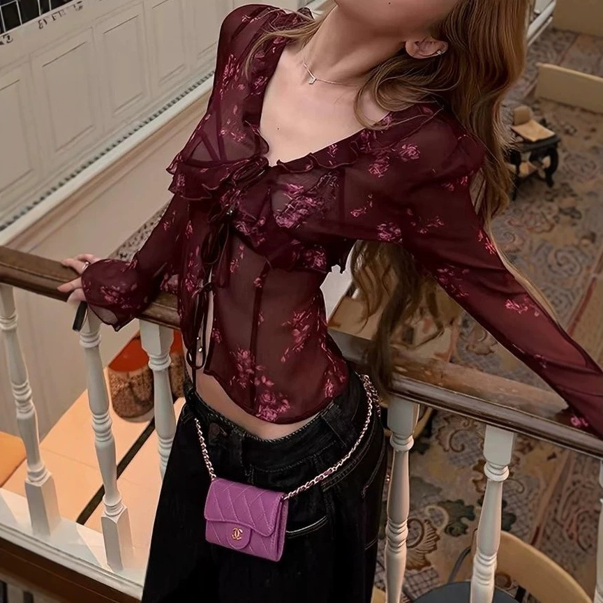 Retro Romantic Women's French Sexy Red Chiffon Long-Sleeved Cardigan