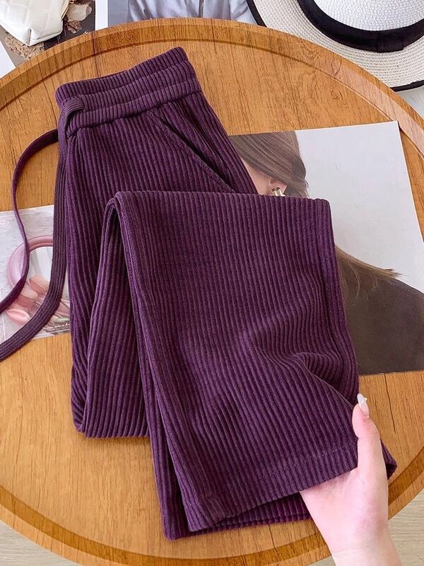 Plus-Size Corduroy Straight-Leg Pants for Women, Autumn and Winter New High-End Elegant Lazy Chenille Wide-Leg Pants