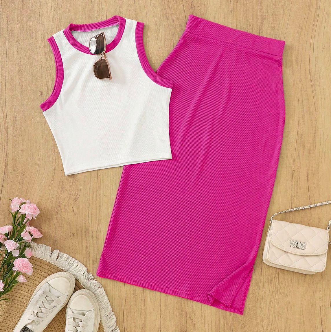 Blusa corta sin mangas de punto roscado para mujeres transfronterizas con traje de falda corta casual y elegante juego de dos piezas