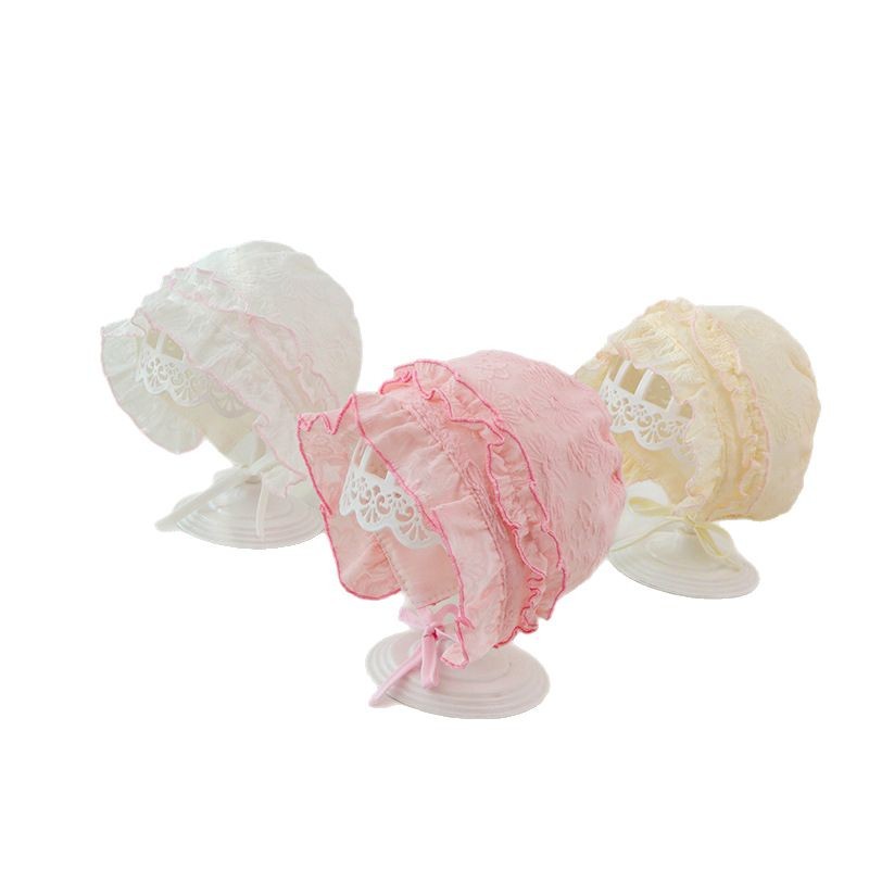 2025 nuevo sombrero de encaje de doble capa para bebés femeninos forrado de algodón 44 - 46 sombrero de princesa sombrero de dormir para bebés recién nacidos