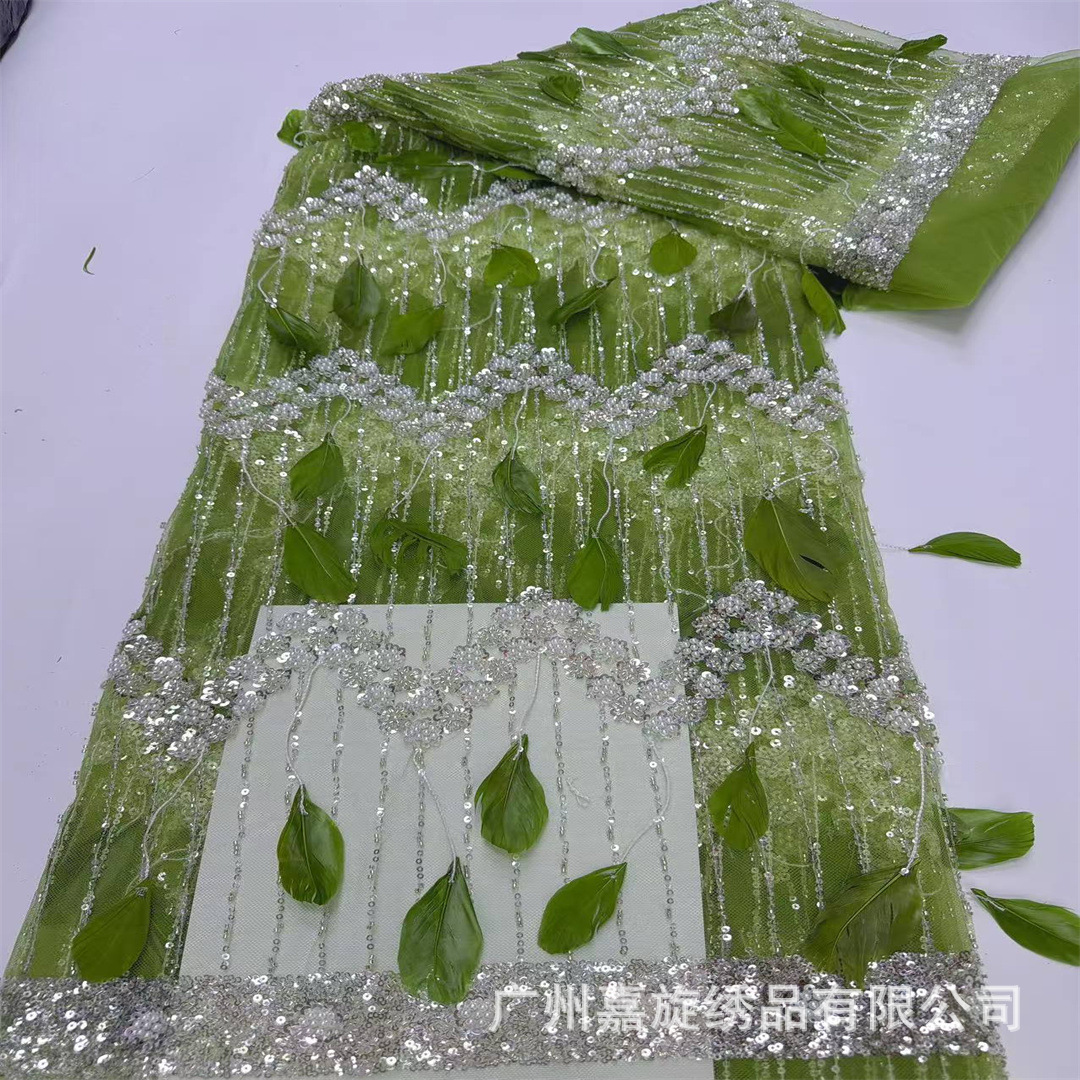 Nueva pluma vestido de tela brillante tubo de cuentas de lentejuelas tela de encaje boda laceJX2725