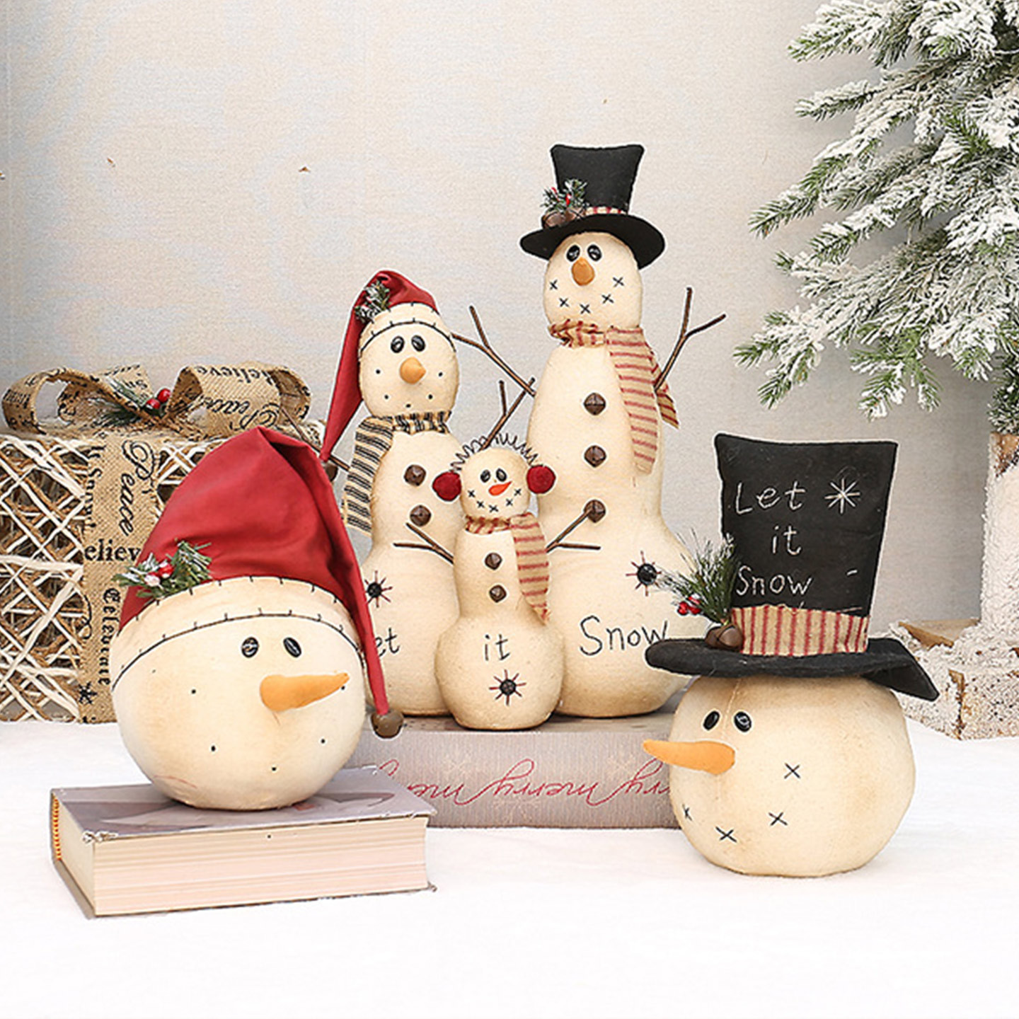 Boneco de Neve Vintage em Linho - Figuras de Natal Bordadas à Mão com Cartola e Cachecol para Decorações Natalinas Nórdicas Aconchegantes_voghion.com