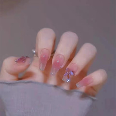 B361腮紅冰蝶梯形腮紅極光鑽小法式歐美穿戴美甲成品冰透甲顯手白