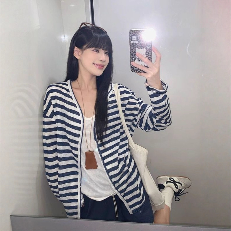 New Korean-Style Striped Semi-Sheer Long-Sleeve Sun-Protective Cardigan for Women, Loose Fit, Versatile Top, Autumn Japanese-Style Jacket