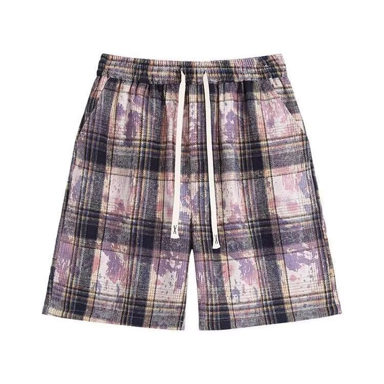 Casual Straight Leg Tie Dye Plaid Shorts For Men And Women Loose Fitting Five Point Beach Pants High Street Fashion Summer_viptrois.com