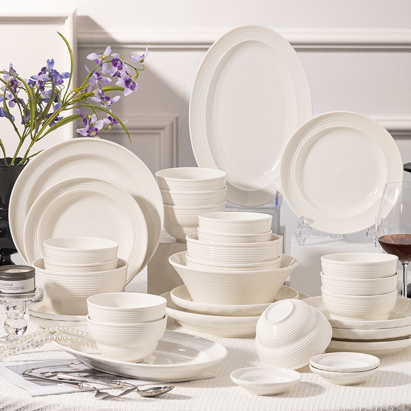 Pure White High-End Ceramic Tableware New Bowl and Plate Set for Home Use Underglaze Color Bowls and Chopsticks Bowls and Plates for Moving into a New Home