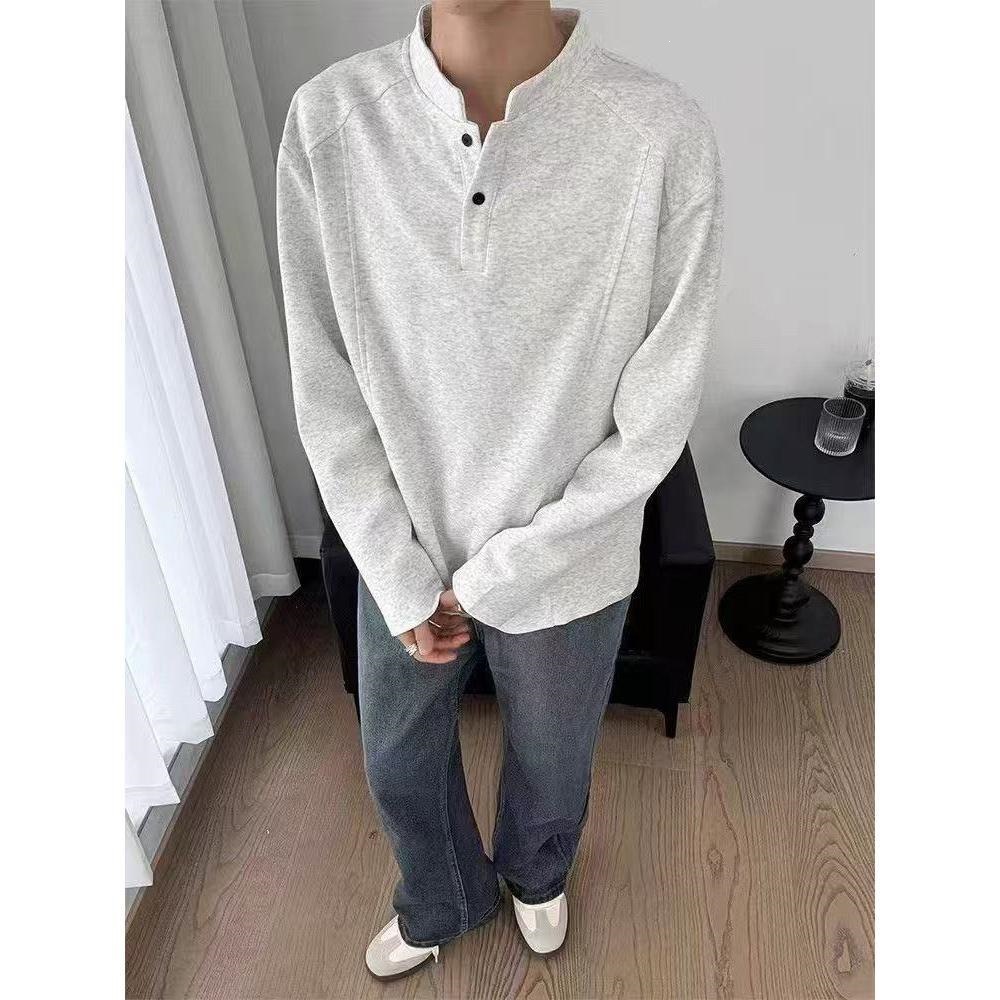 American-style Henry collar sweatshirt for men and women, boxy trendy brand deconstructed patchwork straight-shoulder T-shirt, couple's long-sleeve base top