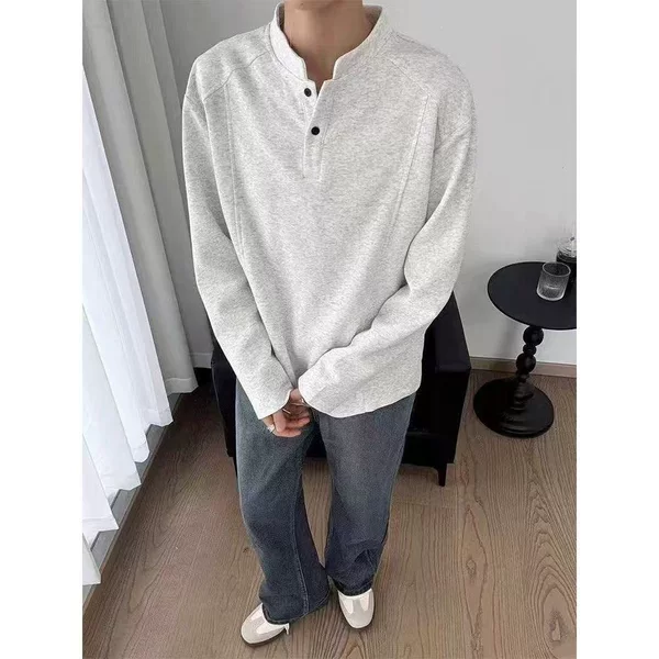 American-style Henry collar sweatshirt for men and women, boxy trendy brand deconstructed patchwork straight-shoulder T-shirt, couple's long-sleeve base top
