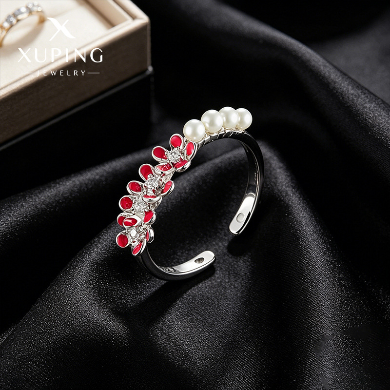 Xuping aleación de cobre recubierta de aceite blanco serie de flores anillo de perla simple insins viento pequeño anillo fresco para mujeres