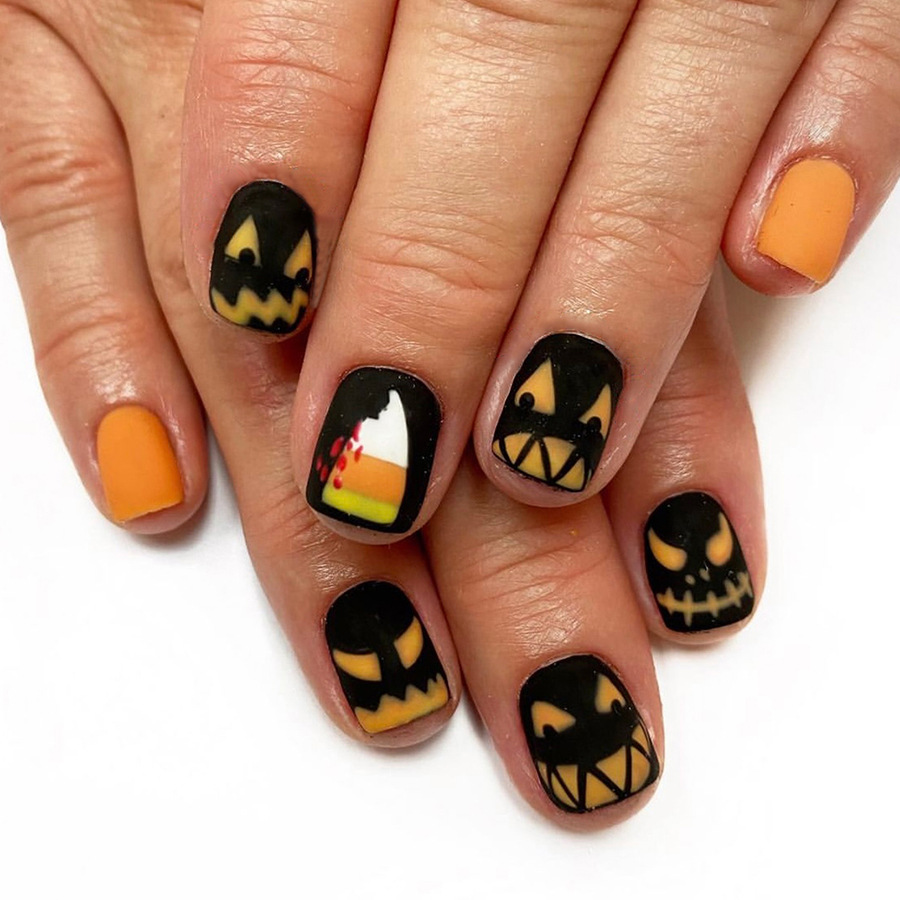 Ongles courts givrés en forme d'araignée citrouille orange visages du diable porter une armure 20,24 millions de manucure du festival sacré nouveau 24 pièces_voghion.com