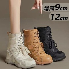 牛皮版~厚底内增高12公分马丁靴女秋新款小个子复古赛车鞋西部靴