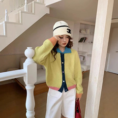 秋冬新品韩系撞色翻领针织衫毛衣女宽松软糯百搭开衫时尚外穿上衣