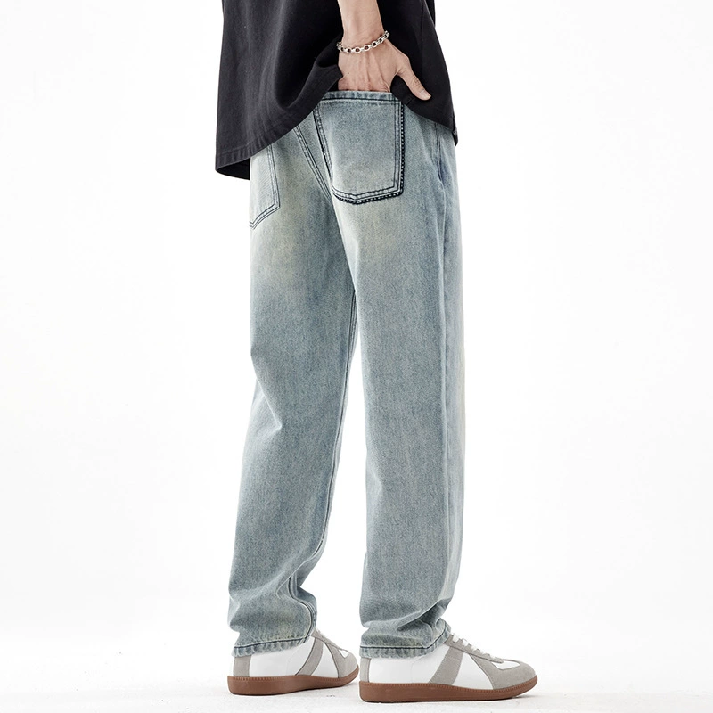 2024 новые неэластичные выстиранные следы с принтом, потертые износостойкие свободные прямые джинсовые длинные брюки с завышенной талией, мужские брюки с широкими штанинами