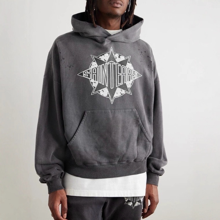 Saint Michael Denim Tears Hoodie with Washed Vintage Tear Print for Men and Women