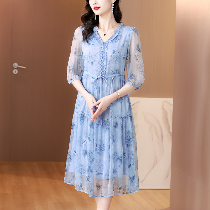 Imitation Mulberry Silk Seven-point Sleeve dress Women's 2024 Summer New Gentle Style Elegant Slim-fit Slimming French Style Dress