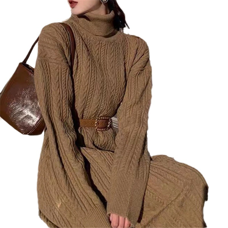 Efterår og vinter 2023 Ny Long Knitting Fried Dough Twists Bundkjole_voghion.com