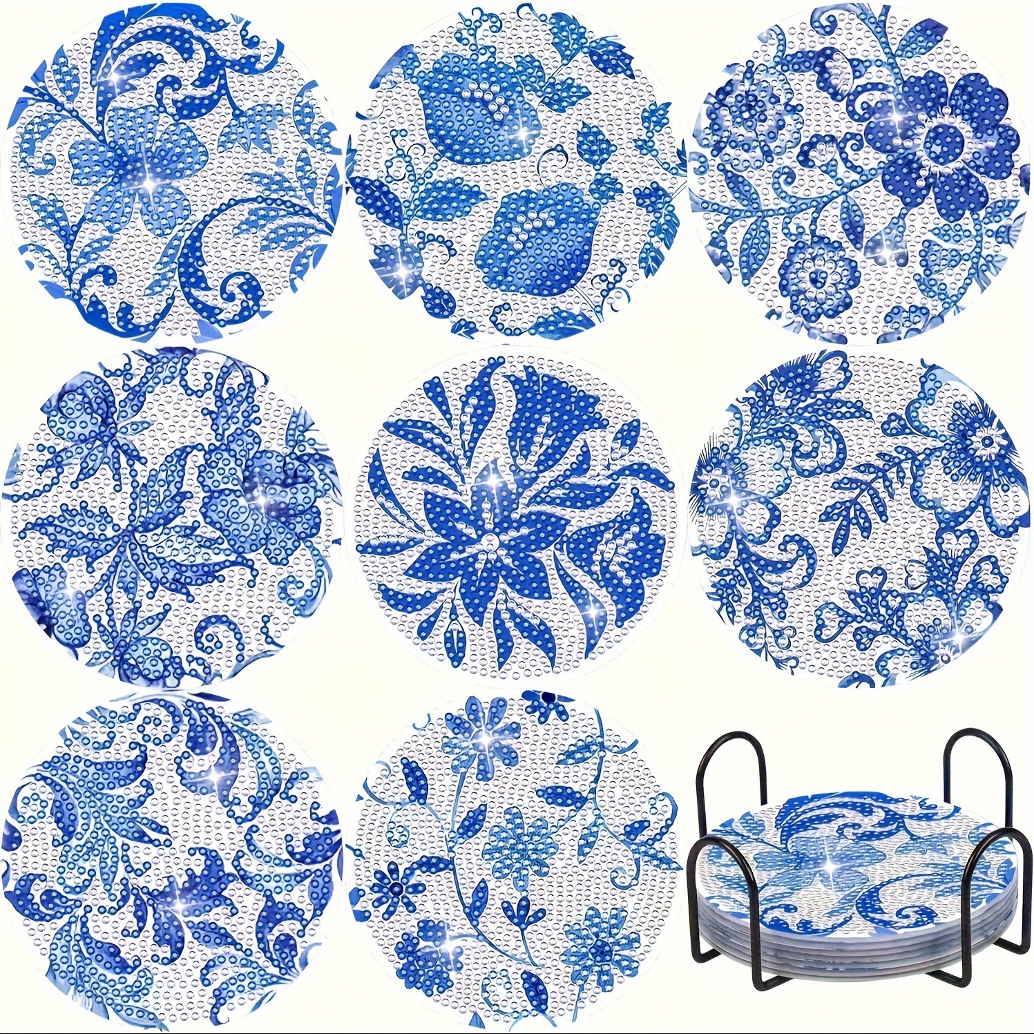Ventas transfronterizas calientes de 8 piezas de conjunto de cojín de taza de arte de diamante, con soporte, pequeño conjunto de pintura de diamante, adecuado para adultos
