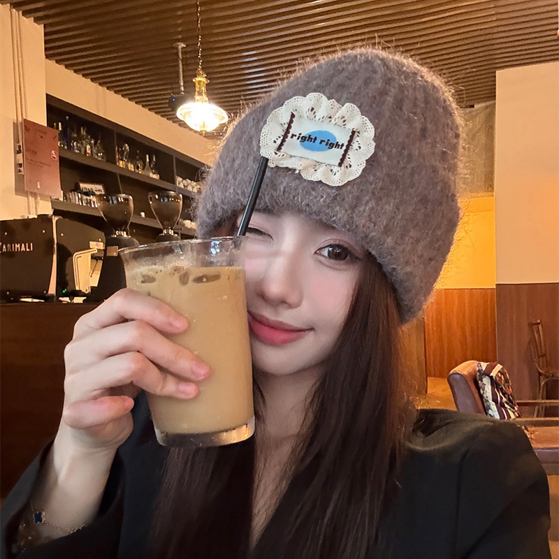 韩系简约甜美蕾丝花边布标针织帽秋冬百搭加厚毛线帽防风保暖帽子|undefined