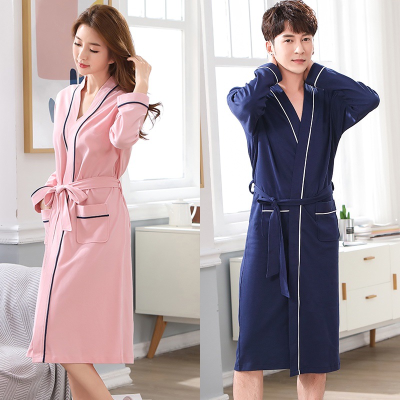 Camisón de pareja primavera y otoño 100% algodón largo Albornoz de las mujeres Otoño e Invierno de manga larga cómodo Delgado estilo japonés Pijamas