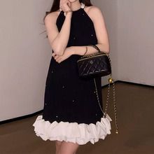 短裙子质感高级感夏季新款小香风赫本风法式茶歇黑色挂脖连衣裙女