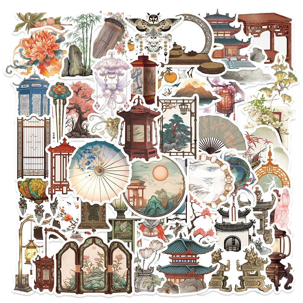 50 старинных стилей ручной счет наклейки в китайском стиле фонарь элегантный бамбуковый экран национальный поток дневник материал для мобильного телефона