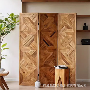 Medieval Old Elm Parquet Screen Entrance Partition Wall Restaurant Partition Screen Solid Wood Three-Panel Folding Mobile Screen