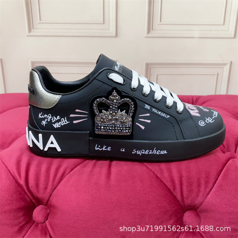 Dolce & Gabbana Portofino Low Black Leather Graffiti Crown Patch CS1570