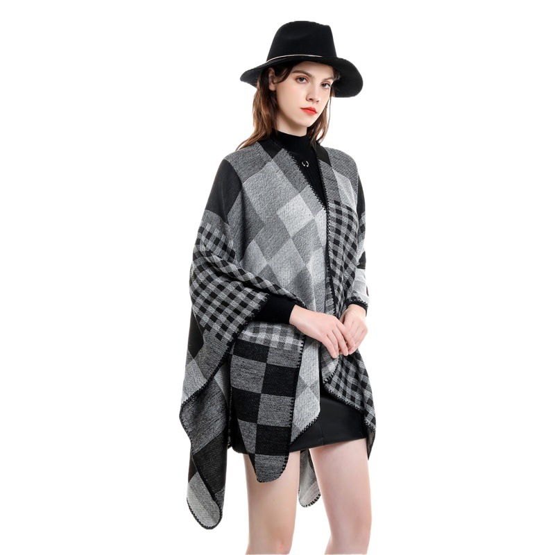 Otoño e Invierno nueva moda a cuadros blanco y negro color a juego capa exterior de las mujeres capa simple imitación Cachemira chal