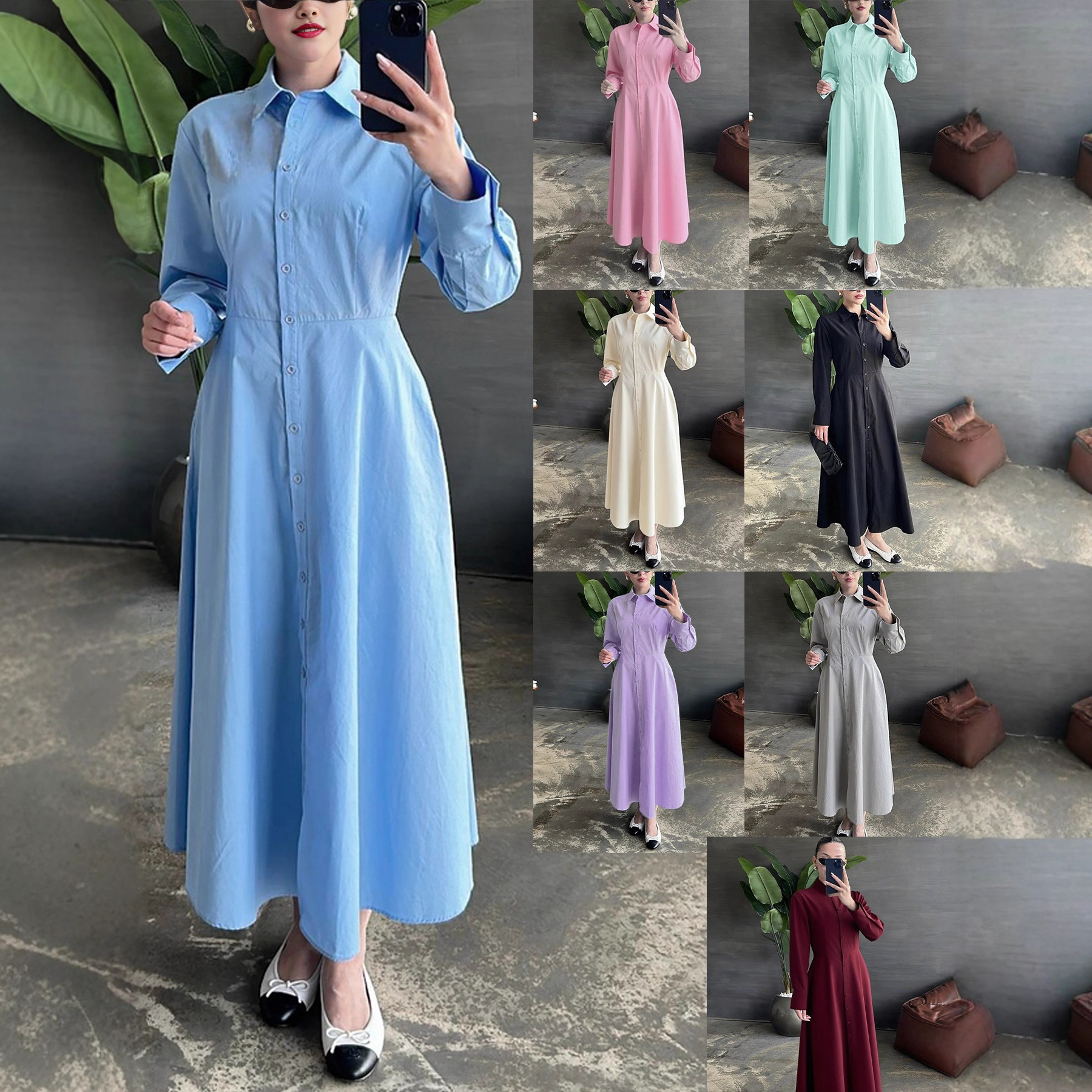 新款2025女士简约翻领单排扣蓝色休闲优雅直筒长袖衬衫式连衣裙