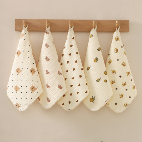 Pure cotton baby saliva towel crepe printed children's bib newborn cotton edge square towel hand towel bib