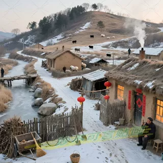 怀旧冬天雪景画乡村农家小院室内贴墙上贴纸客厅门窗不干胶贴纸